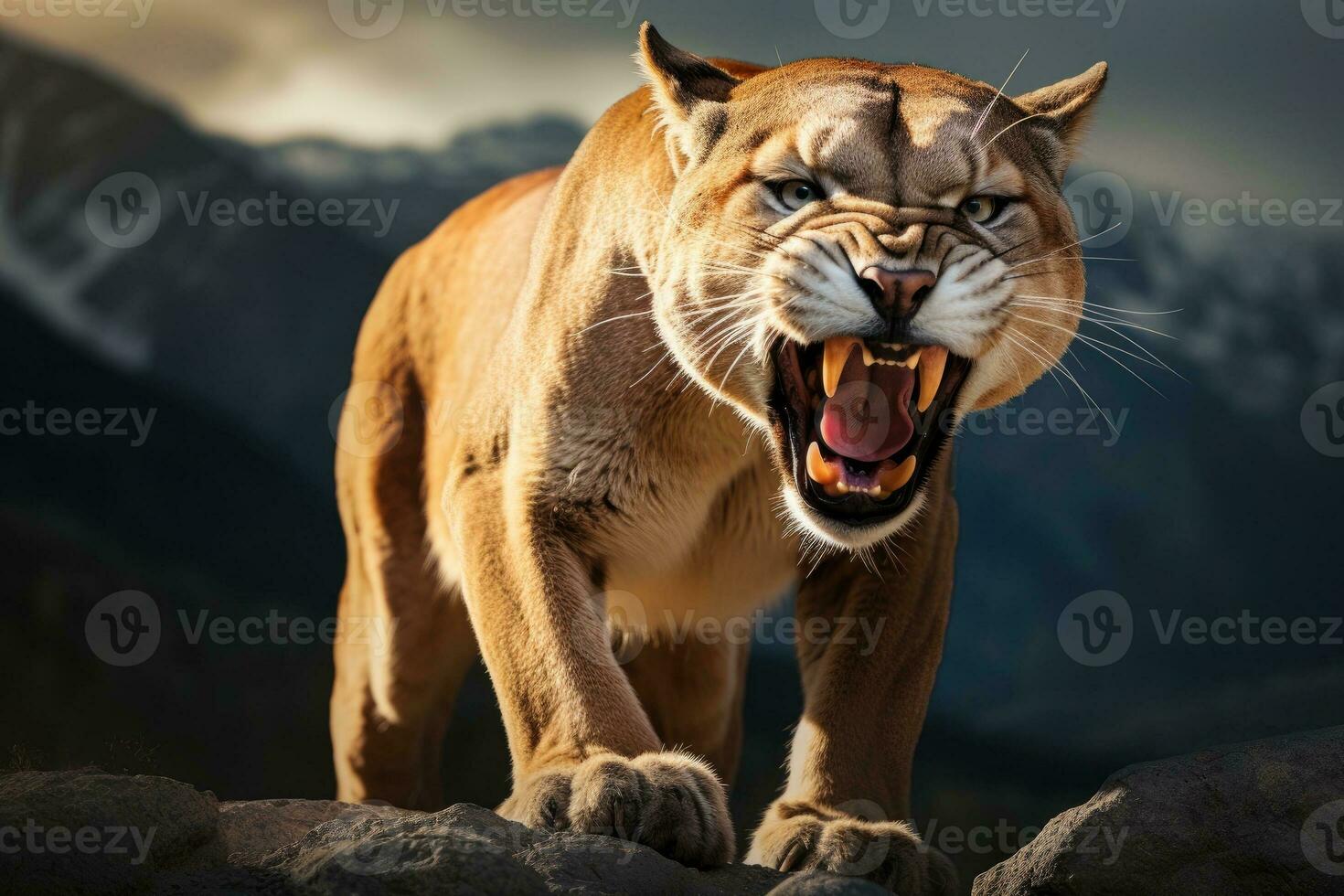 AI generated Roaring cougar or mountain lion hunts its prey photo