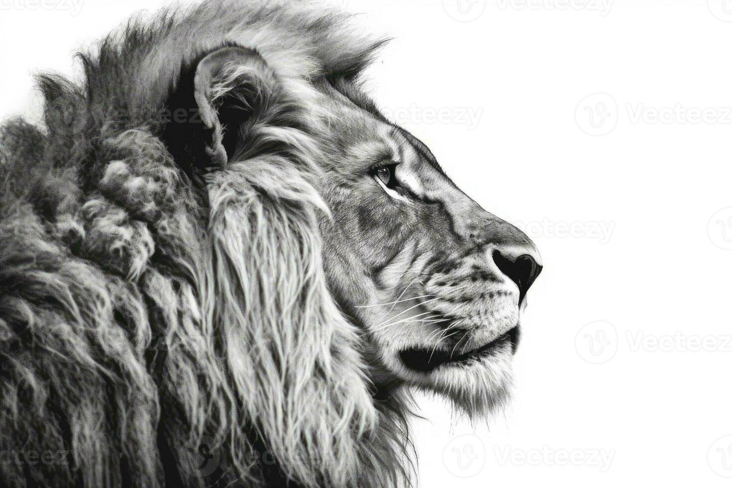 AI generated Black and white portrait of a lion with a long mane photo