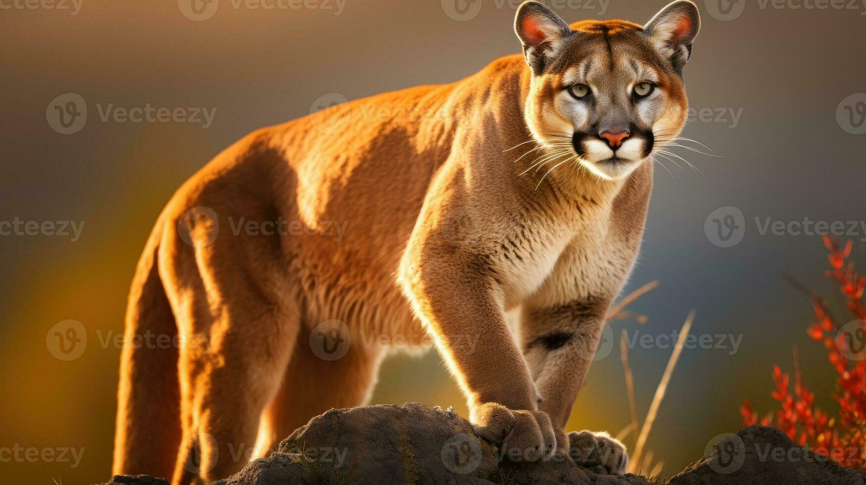 AI generated A majestic cougar on a rocky outcrop at sunset photo