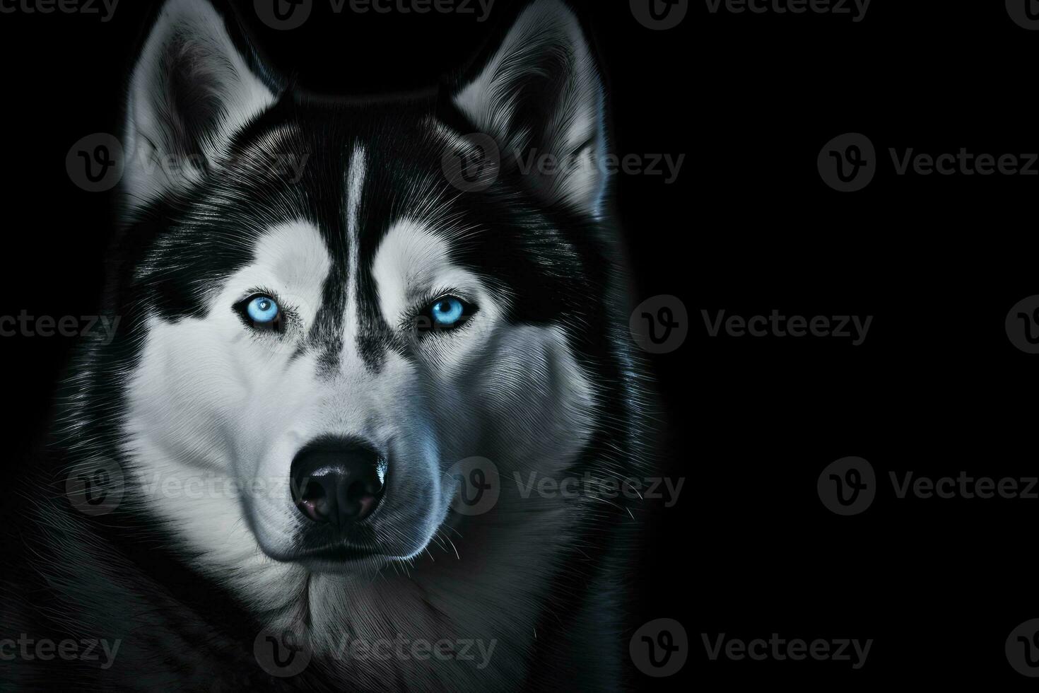 AI generated Siberian Husky dog with blue eyes on black background. Copy space for text. photo