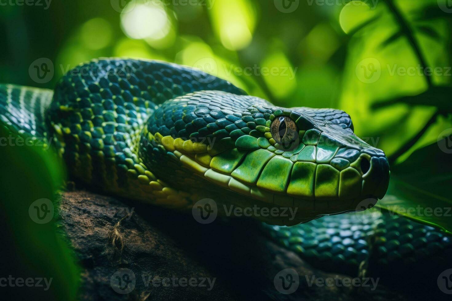 AI generated A green snake on a rock photo