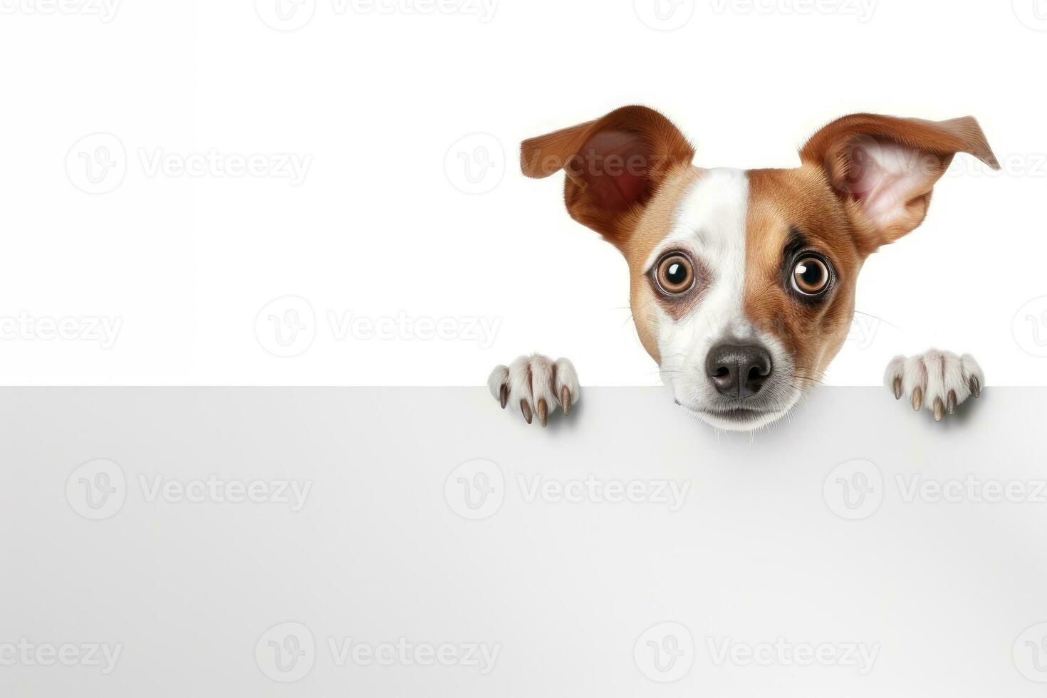 AI generated Surprised dog with big eyes looking from behind a white frame photo