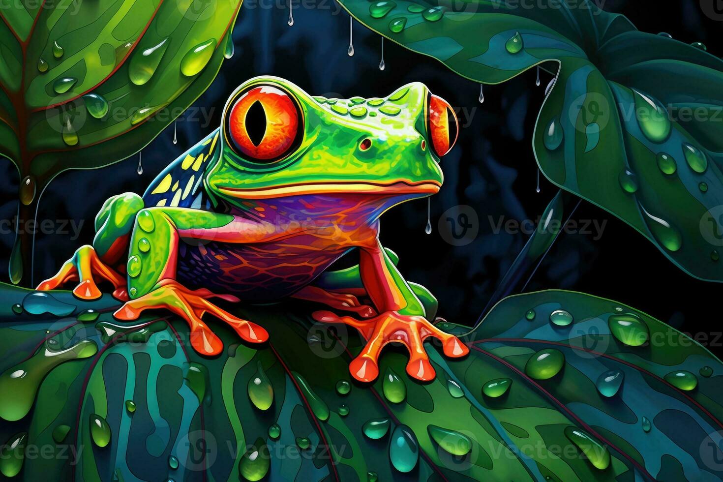 AI generated Tropical green frog in the rainforest photo