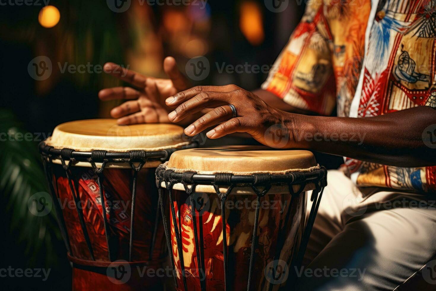 AI generated Close up of musician hand playing bongo drums. photo