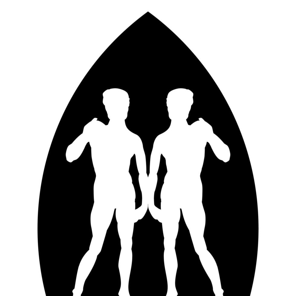T-shirt design of the silhouette of two naked young men in an ogival shape. David by Michelangelo, city of Florence. vector
