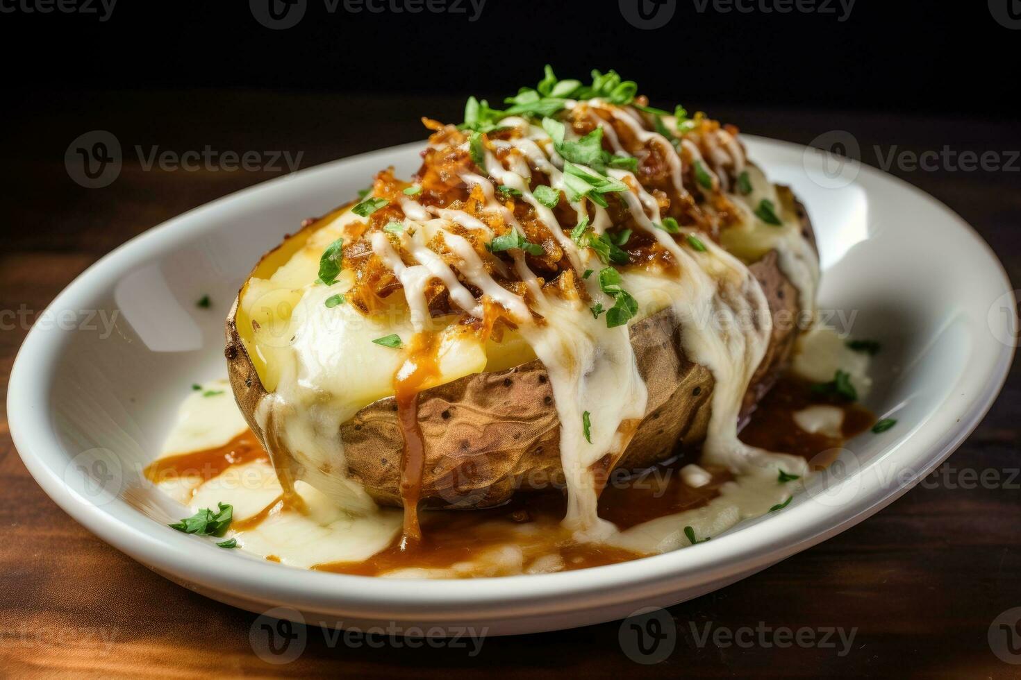 ai generado horneado patatas con queso en plato foto