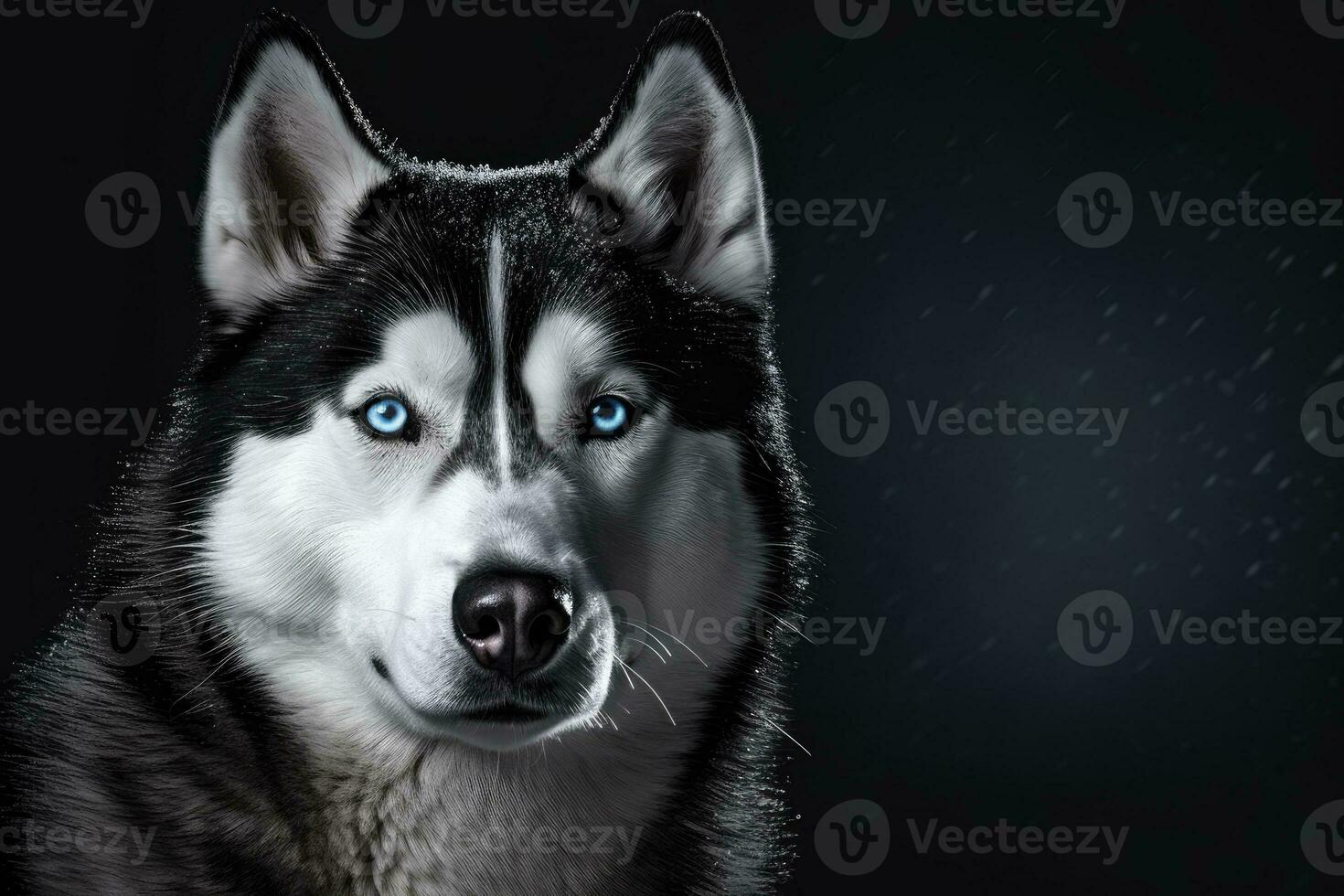AI generated Siberian Husky dog with blue eyes on black background. Copy space for text. photo