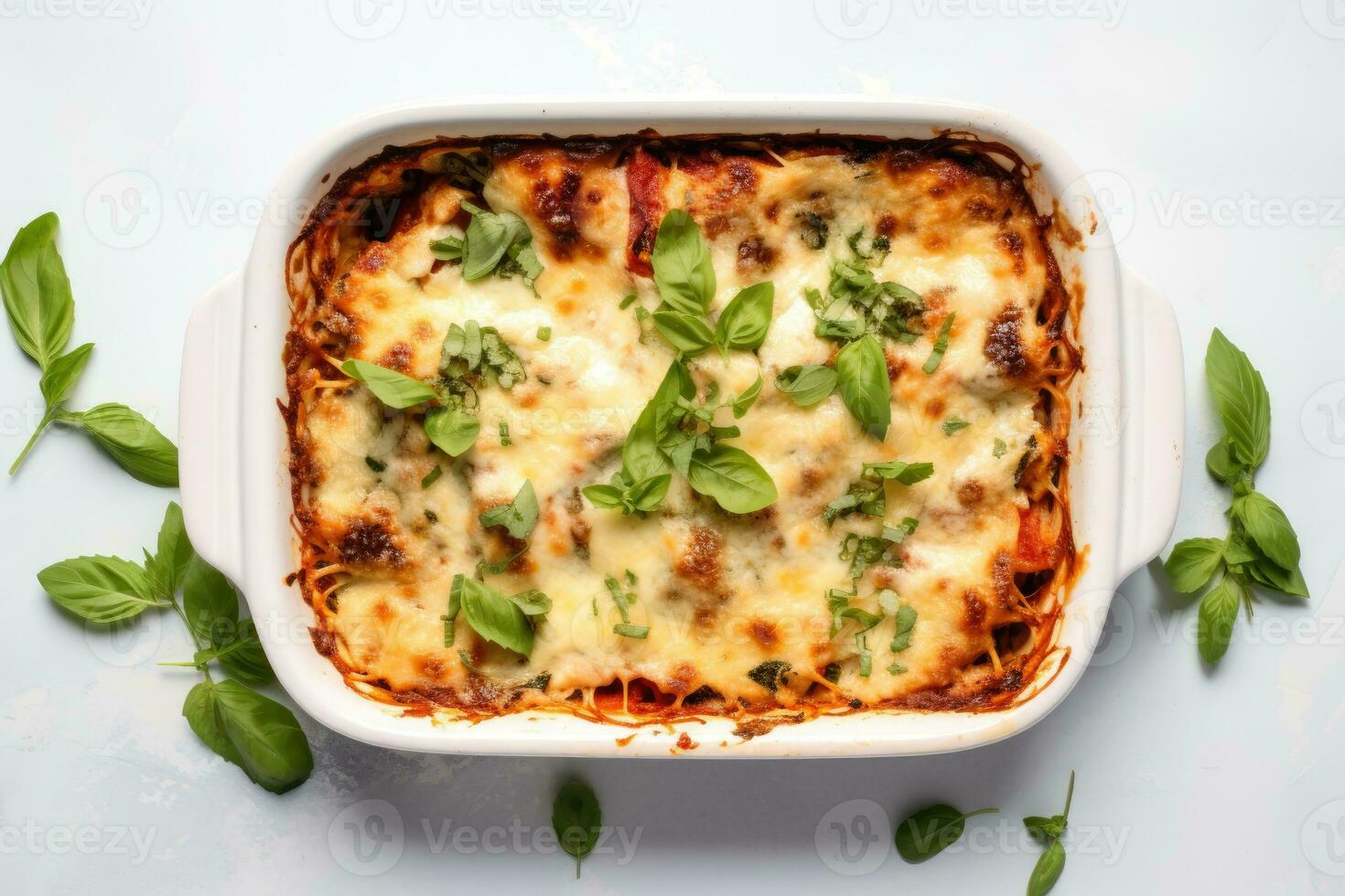 AI generated Lasagna in a white baking dish photo