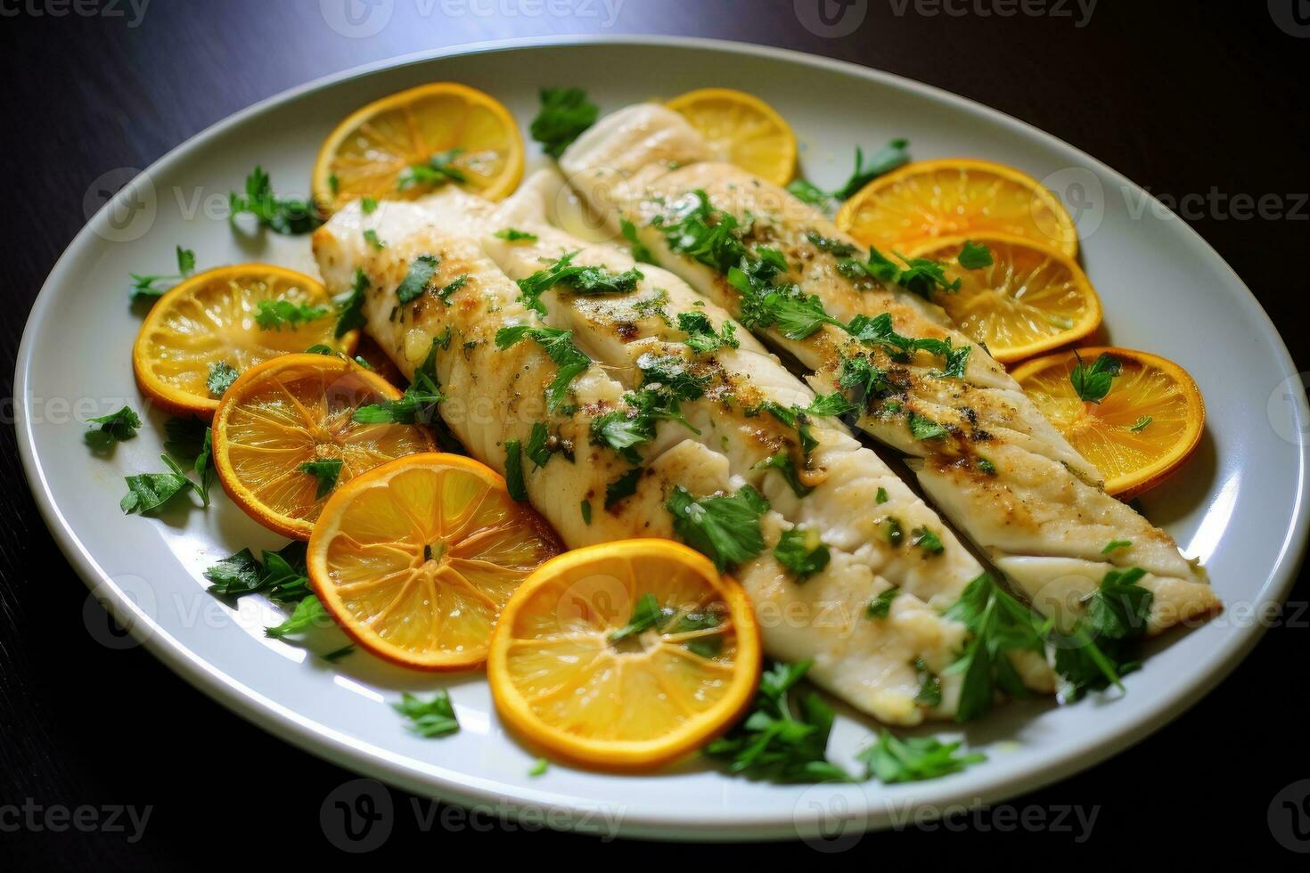 AI generated Tilapia fish baked with garlic and lemon photo