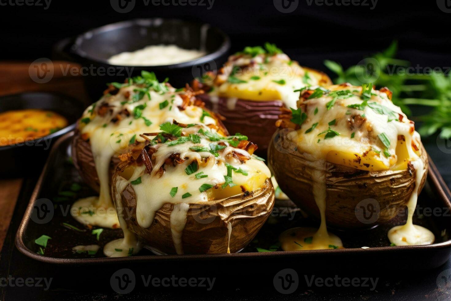 AI generated Baked potatoes with cheese on plate photo