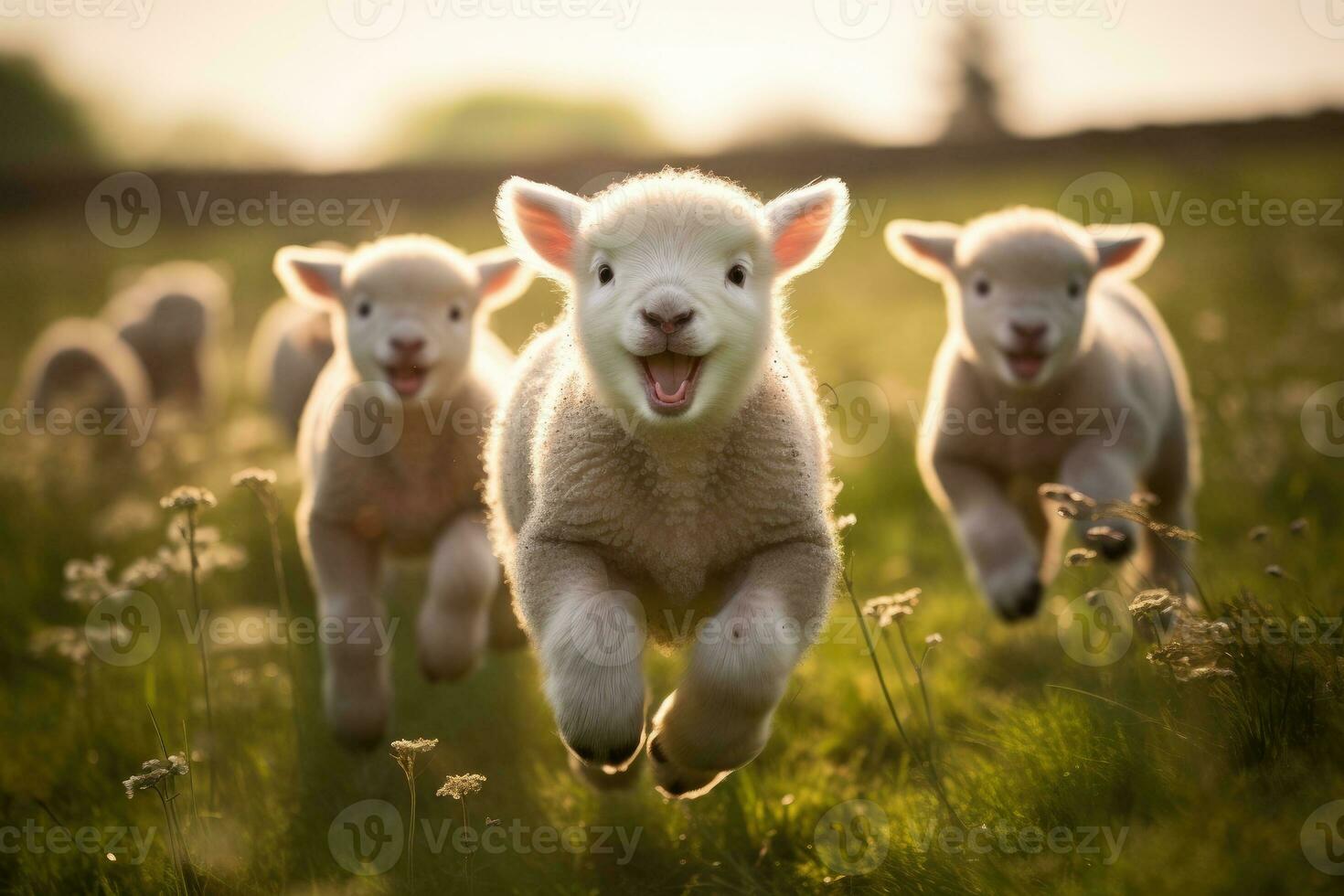 AI generated Happy lambs running in the meadow. photo