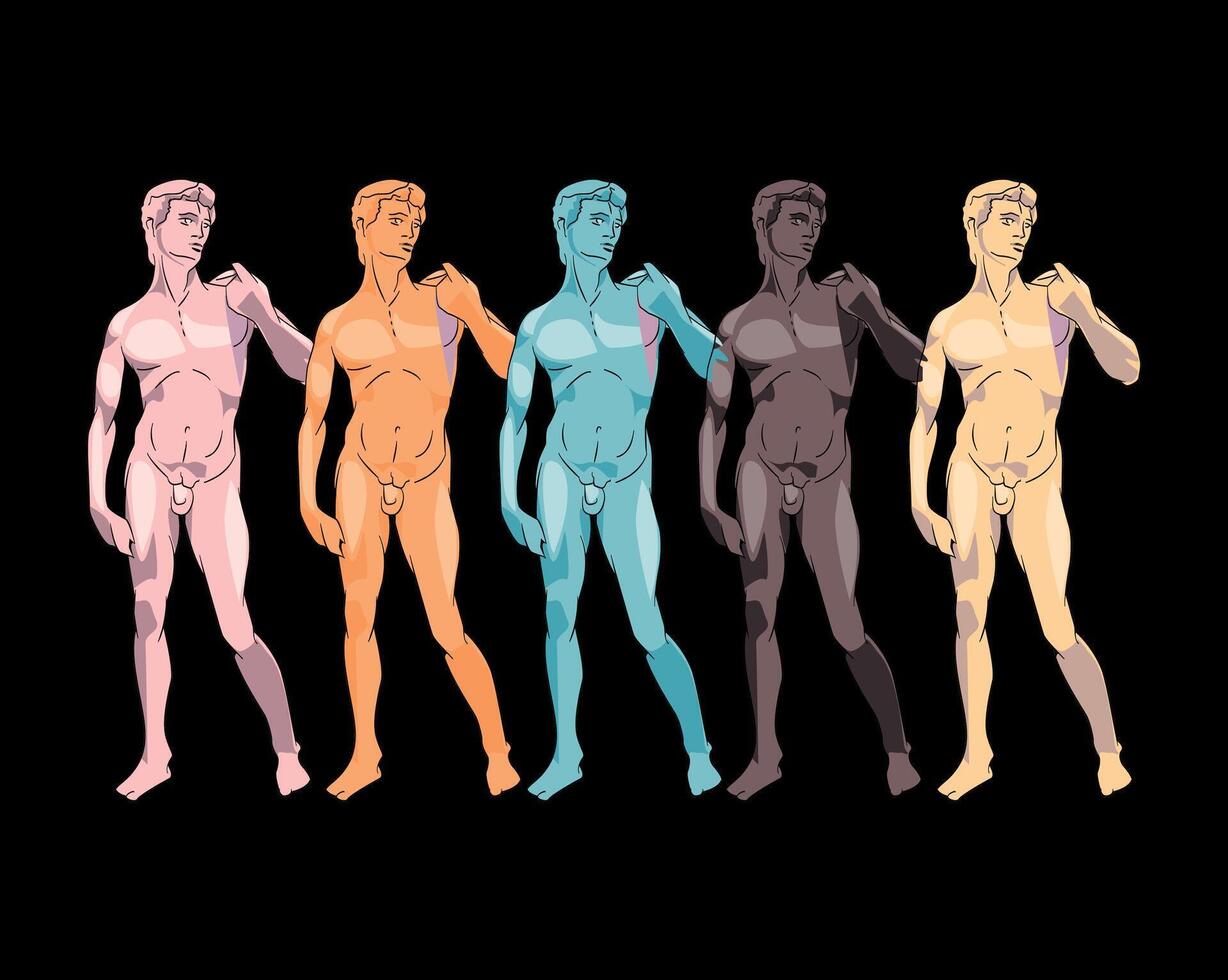 T-shirt design of five naked men with different skin colors. Michelangelo's David repeated in pop art style. Gay pride and diversity. vector