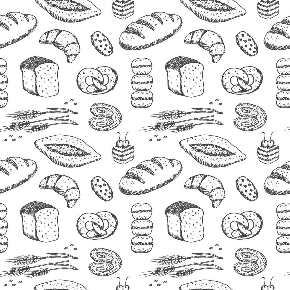 Hand drawn seamless pattern of bread and bakery products. Baked goods background. vector