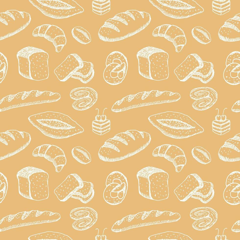 Hand drawn seamless pattern of bread and bakery products. Baked goods background. vector