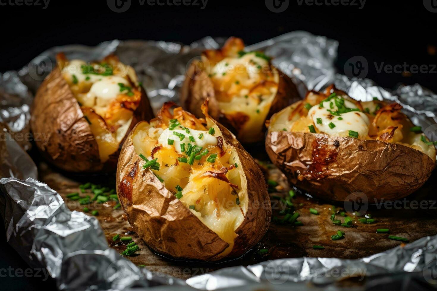 AI generated Baked potatoes with cheese and onions on foil photo