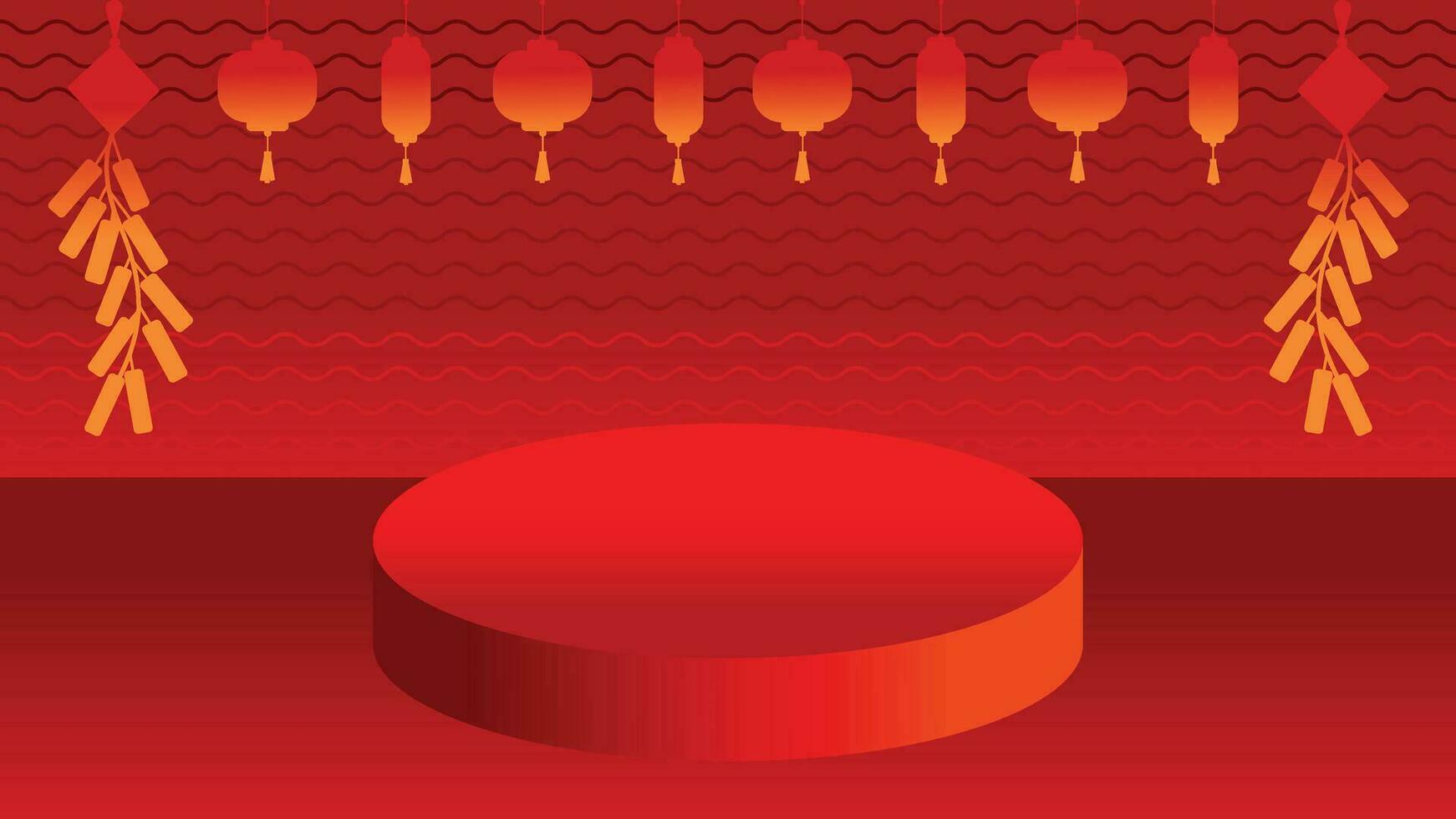 Chinese lunar new year empty copy space background with round platform. Lanterns and firecrackers decorative vector illustration for website wallpaper, social media backdrop, prints, and other purpose
