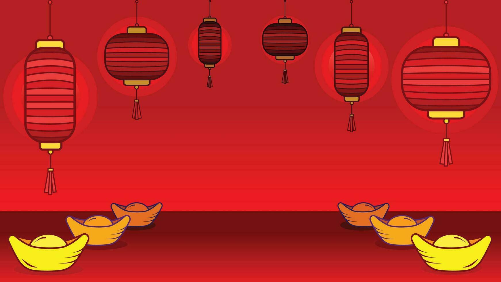 Chinese lunar new year empty copy space background with no text. Lanterns and sycee gold ingot decorative vector illustration for website wallpaper, social media backdrop, prints, and other purposes