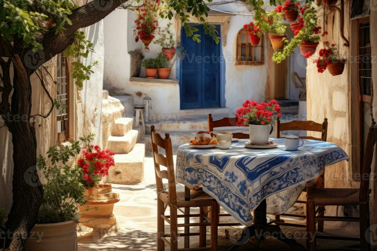 AI generated Greek culture with traditional white and blue greek architecture, taverna photo