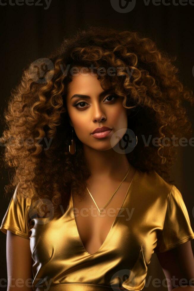 AI generated A woman with curly hair wearing a gold shirt photo