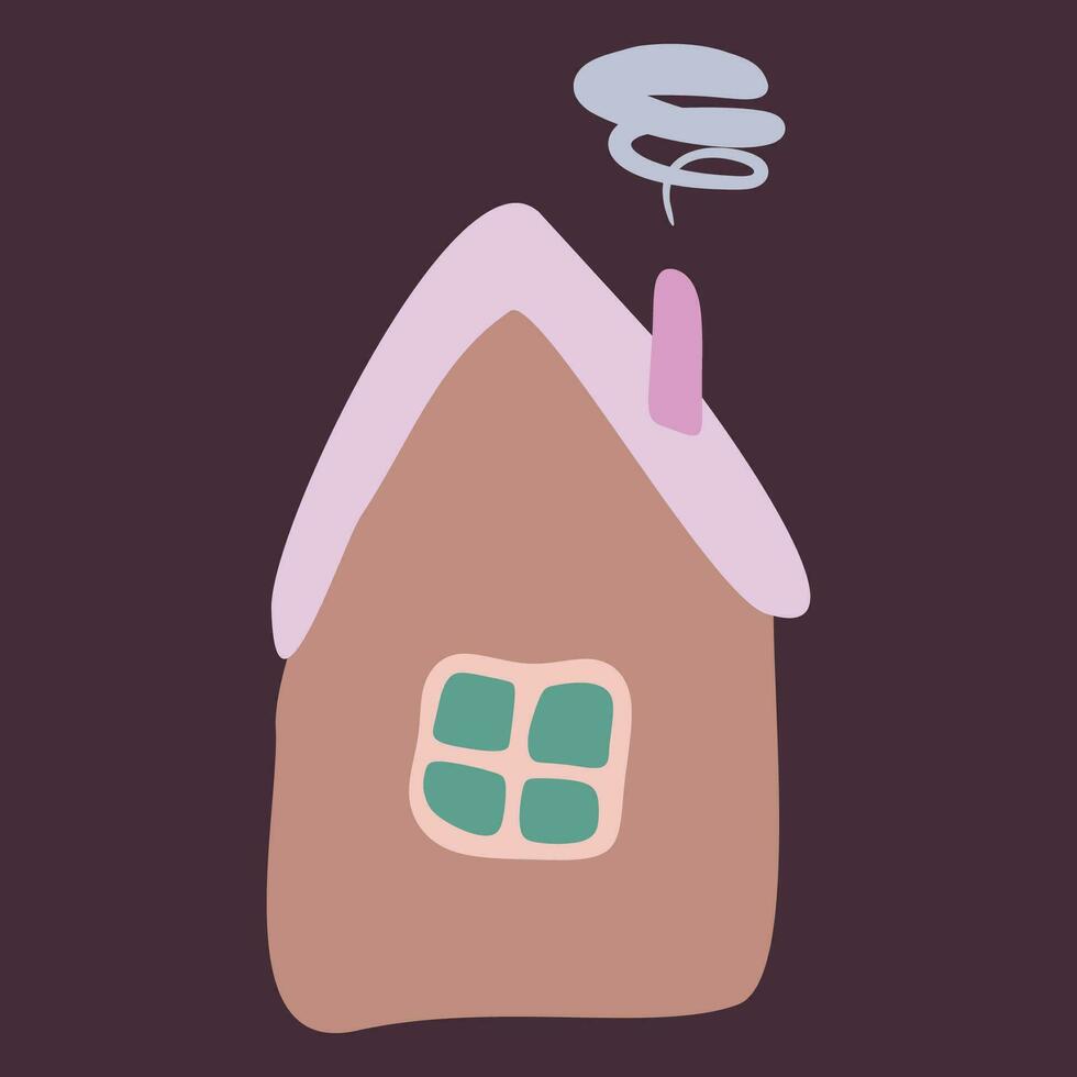 Small Colorful crooked house in Flat style with Smoke from Chimney, Roof and Window. Cartoon Children drawing Vector illustration Isolated white background. Design art Home for Sticker, Card, Poster.