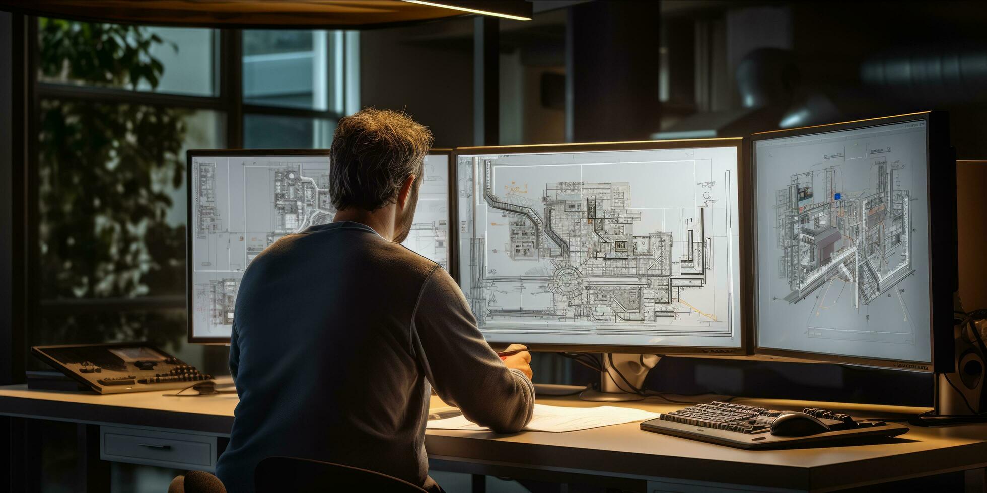 ai generado un ingeniero trabajando en arquitectónico planes con doble monitores, redacción herramientas, y un difícil sombrero en el escritorio foto