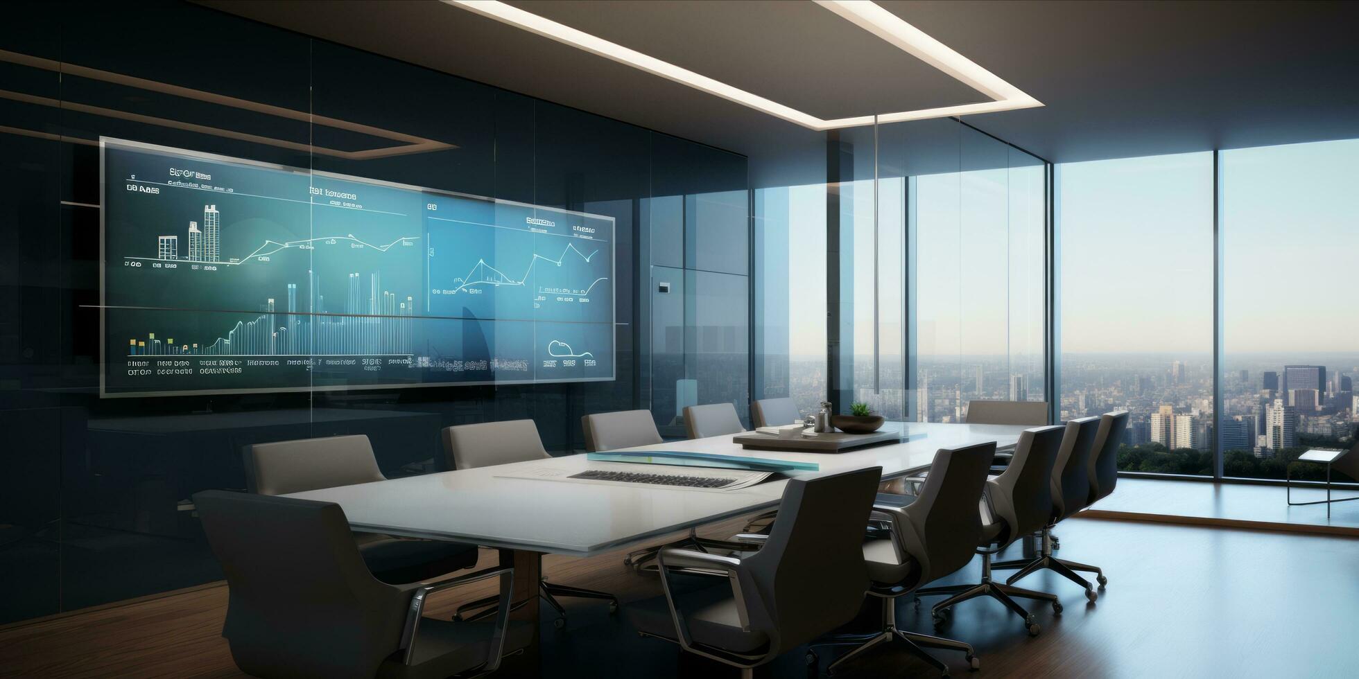 ai generado moderno corporativo sala del consejo con un grande pantalla mostrando datos análisis, vacío sillas, y laptops en el mesa foto