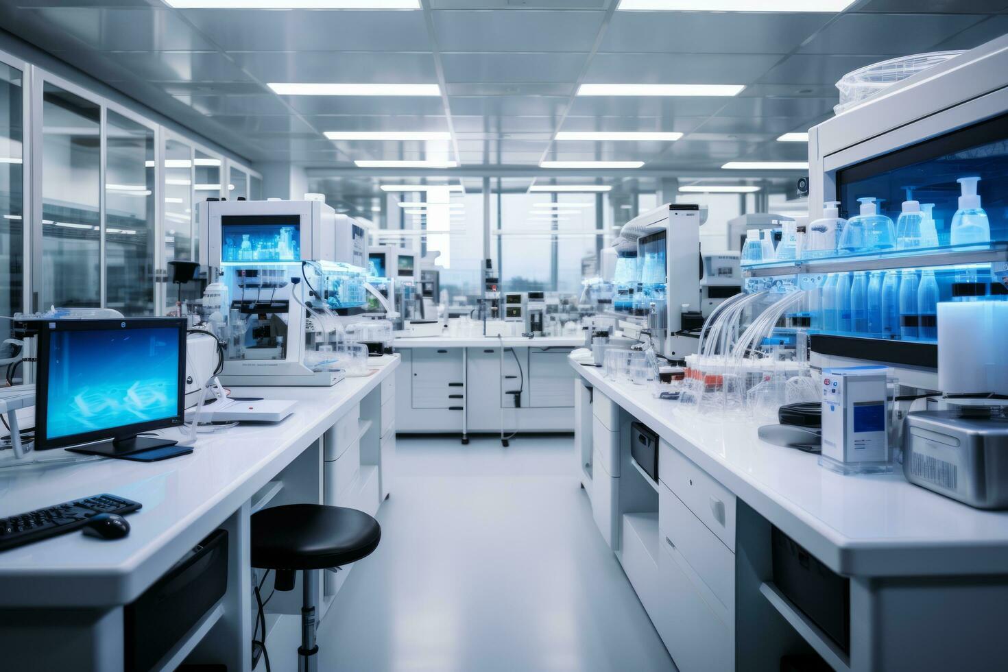 AI generated A modern laboratory with scientific equipment, glassware on benches, and digital screens photo