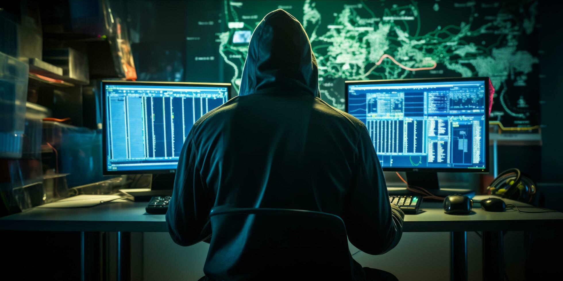 AI generated A focused hacker with a hood using a laptop and multiple monitors with code and data visualization photo