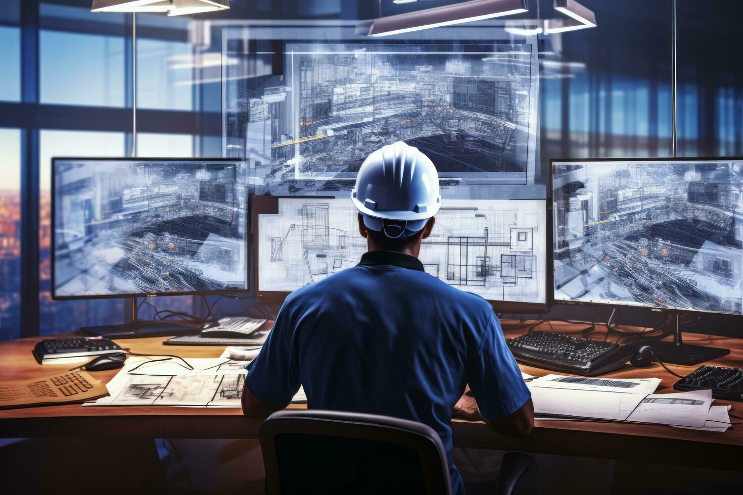 AI generated An engineer working on architectural plans with dual monitors, drafting tools, and a hard hat on the desk photo