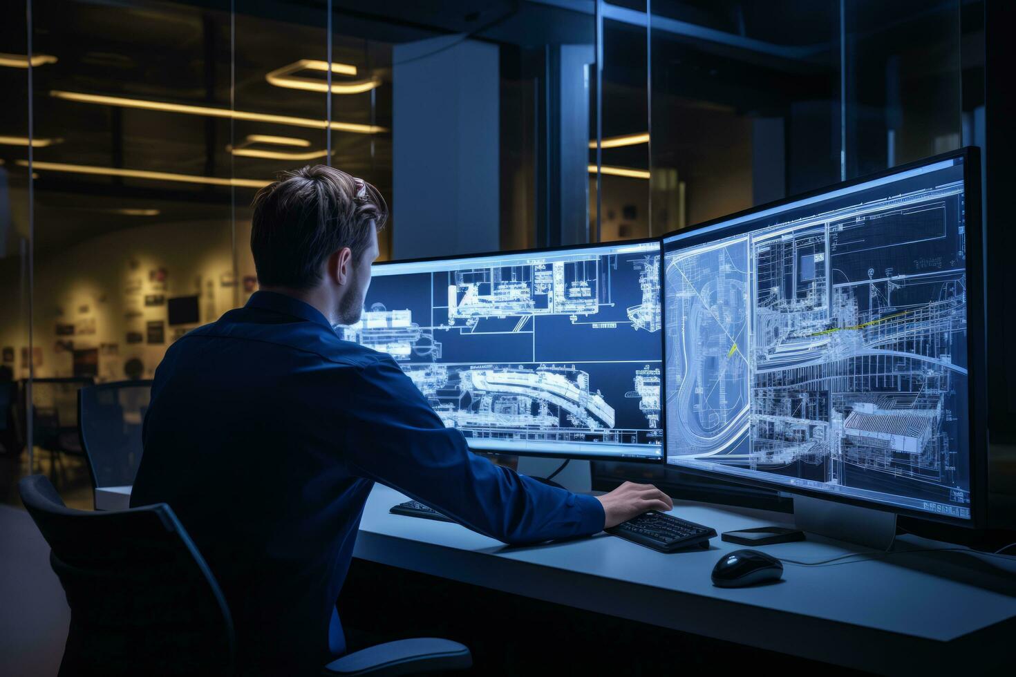 AI generated An engineer working on architectural plans with dual monitors, drafting tools, and a hard hat on the desk photo