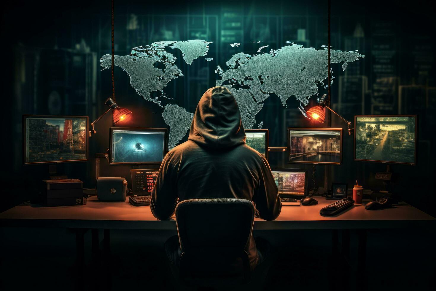 AI generated A focused hacker with a hood using a laptop and multiple monitors with code and data visualization photo