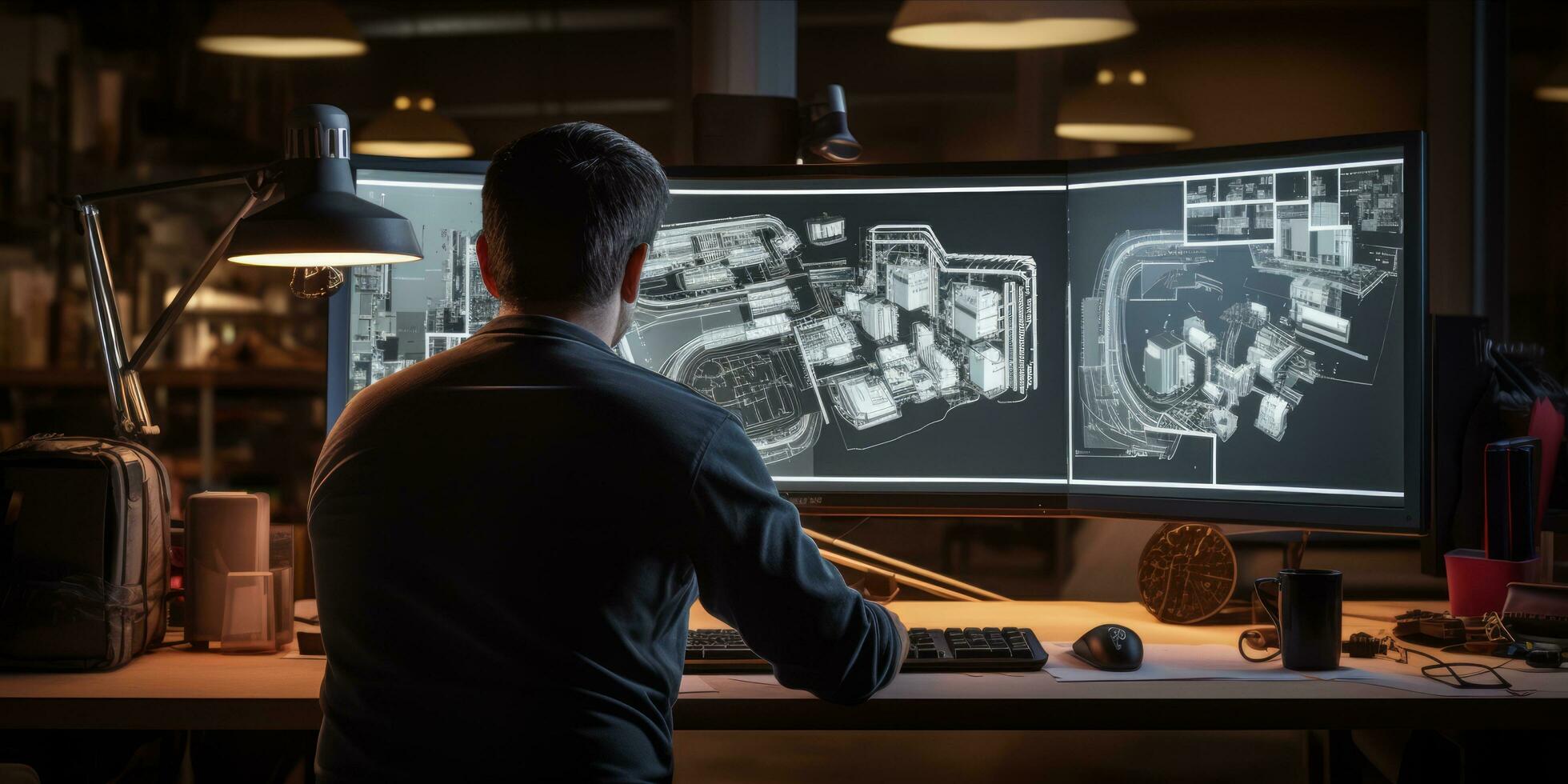 AI generated An engineer working on architectural plans with dual monitors, drafting tools, and a hard hat on the desk photo