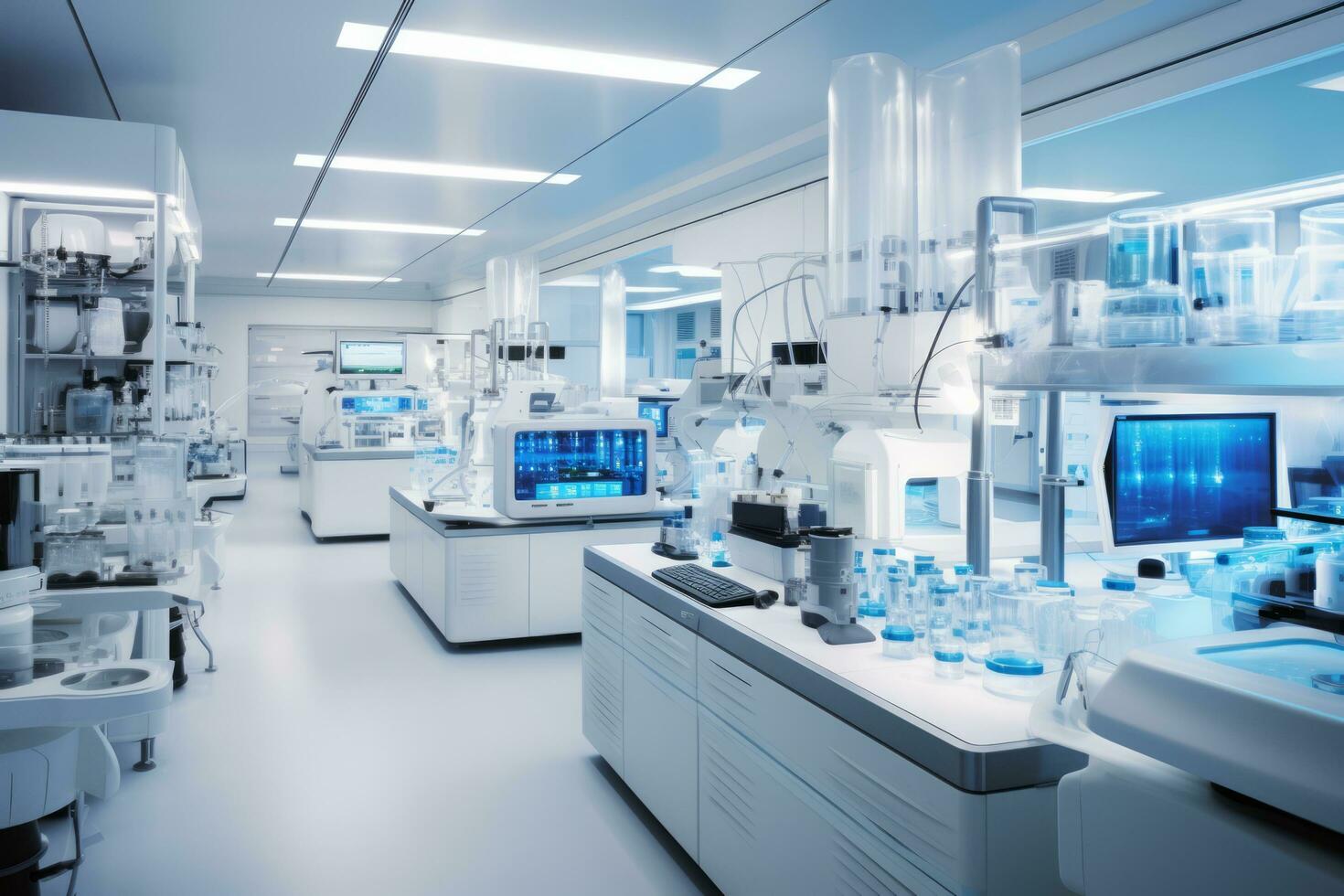 AI generated A modern laboratory with scientific equipment, glassware on benches, and digital screens photo