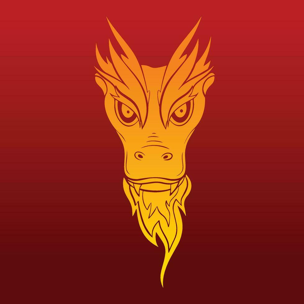 Yellow gold colored Chinese New Year CNY fierce dragon face portrait vector illustration isolated on square gradient red background. Flat dragon icon drawing.
