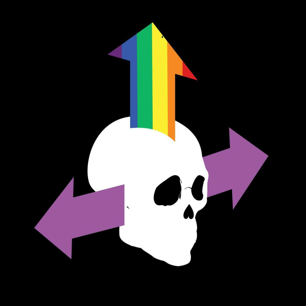 cráneo camiseta diseño con flechas en arco iris colores. bueno ilustración para gay orgullo. vector