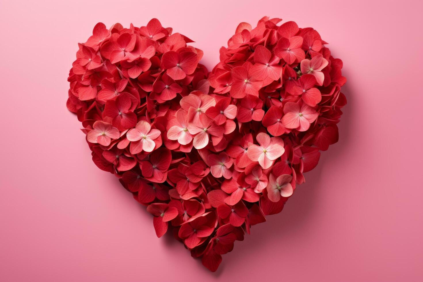 AI generated Heart shaped arrangement of red hydrangea flowers on a pink background photo