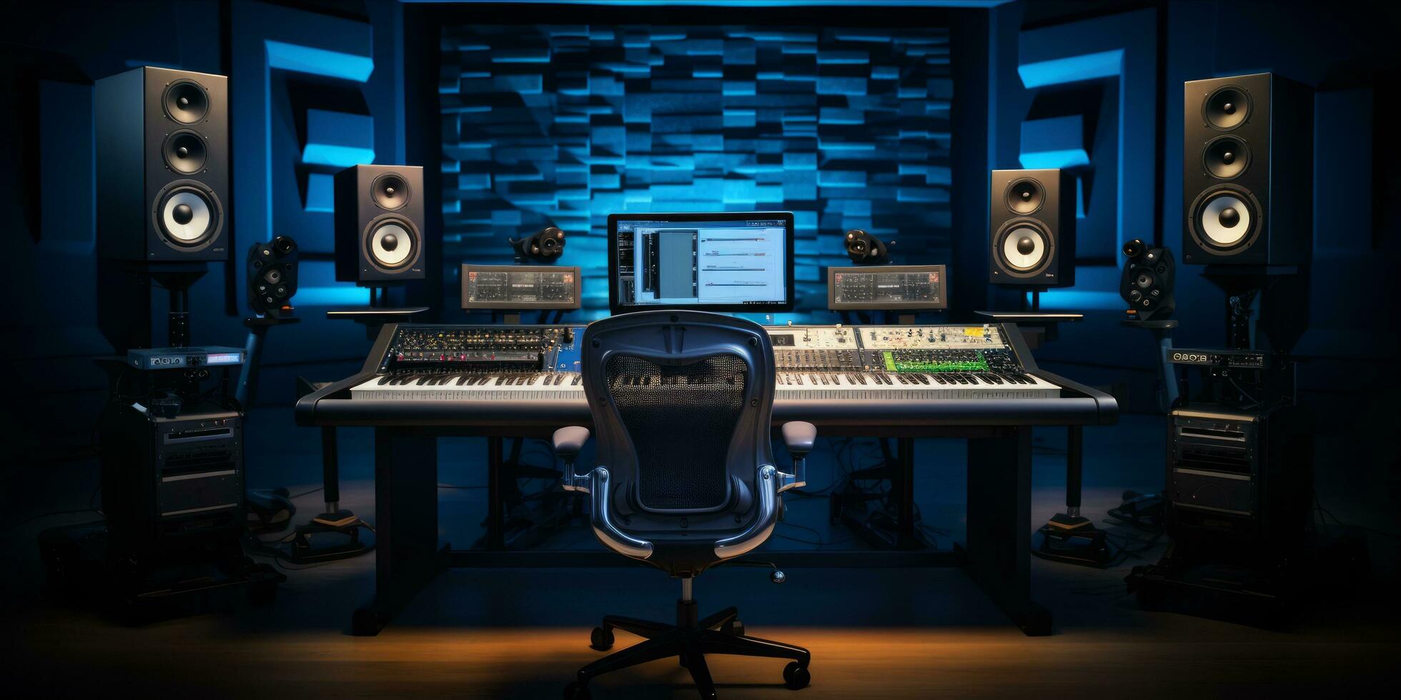 ai generado un profesional música estudio con un grande mezcla consola, computadora monitores, y estudio monitores foto