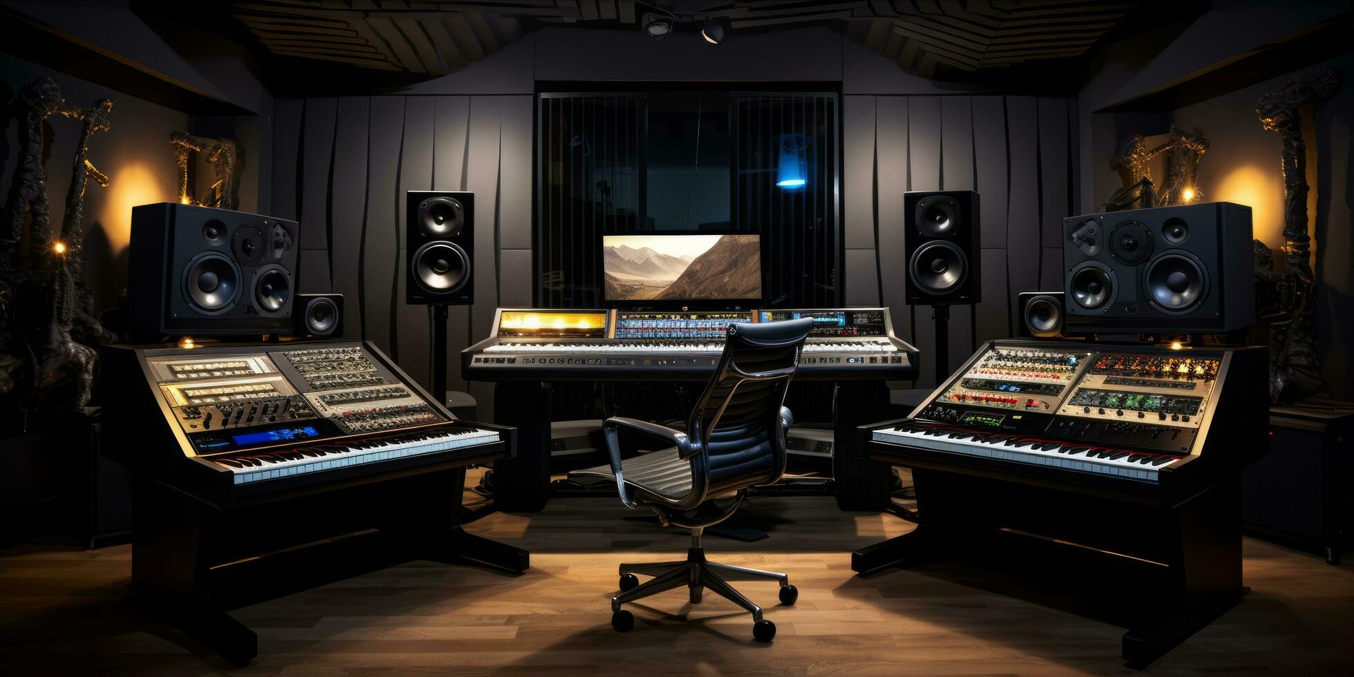 AI generated A professional music studio with a large mixing console, computer monitors, and studio monitors photo