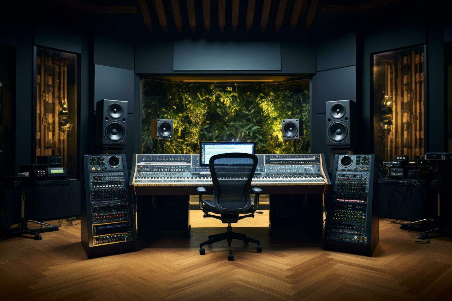 AI generated A professional music studio with a large mixing console, computer monitors, and studio monitors photo