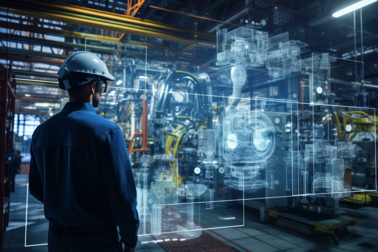 AI generated Workers interacting and using equipment in a modern manufacturing facility with digital efficiency overlays photo