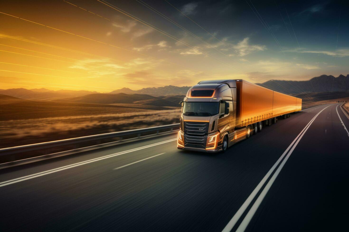 AI generated Semi truck driving on highway with digital connectivity and data streams concept photo