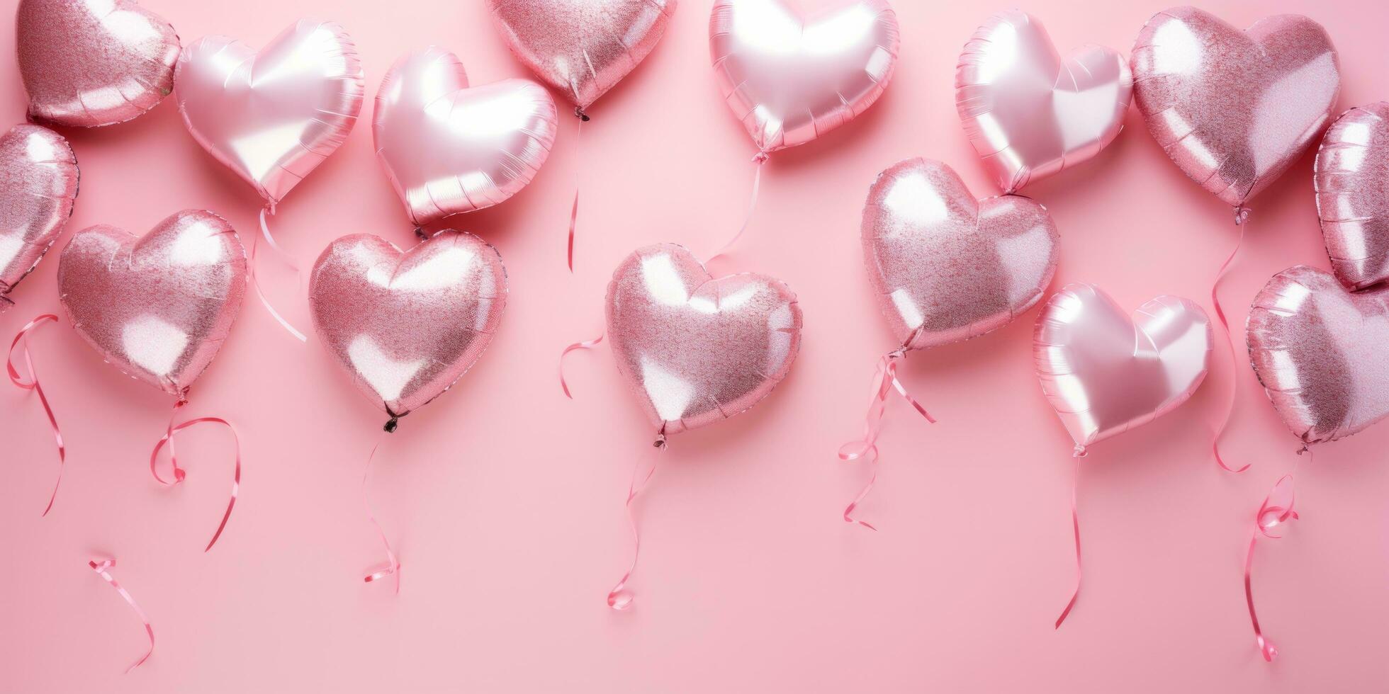 AI generated Assorted heart shaped balloons in pink and silver with small paper hearts on a light pink background photo