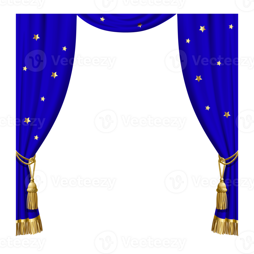 PNG - Transparent Blue Curtains with Gold Tassels and Stars