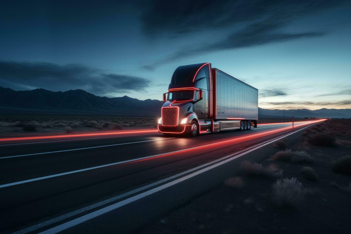 AI generated Semi truck driving on highway with digital connectivity and data streams concept photo