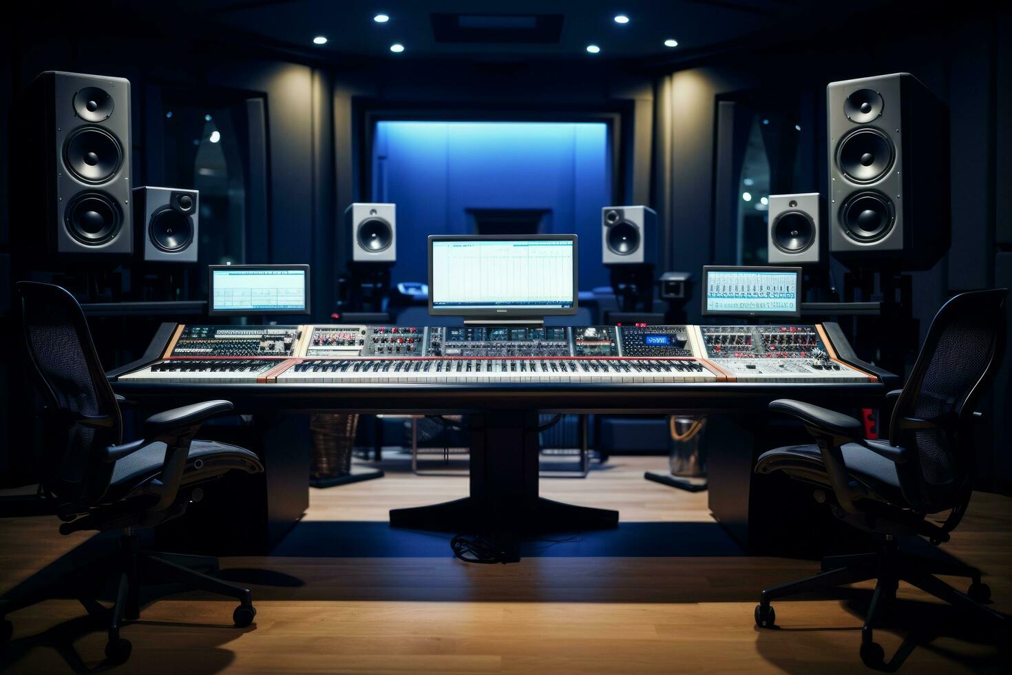 AI generated A professional music studio with a large mixing console, computer monitors, and studio monitors photo