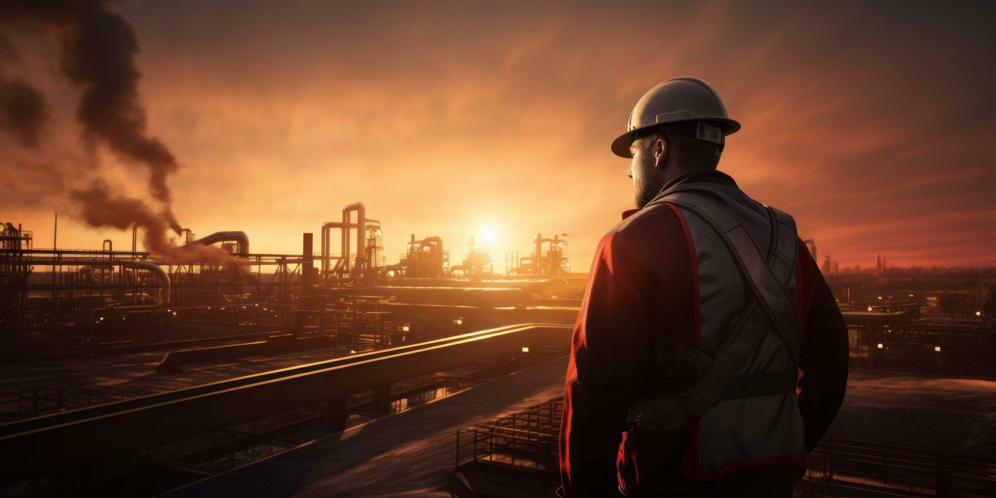 AI generated Rear view of a worker in high visibility gear overlooking a mining operation at dusk photo