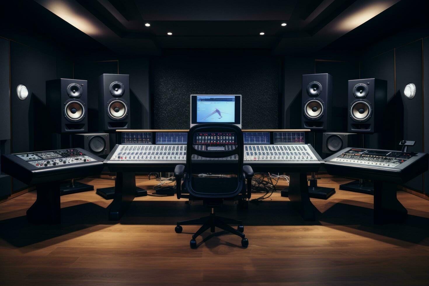 AI generated A professional music studio with a large mixing console, computer monitors, and studio monitors photo