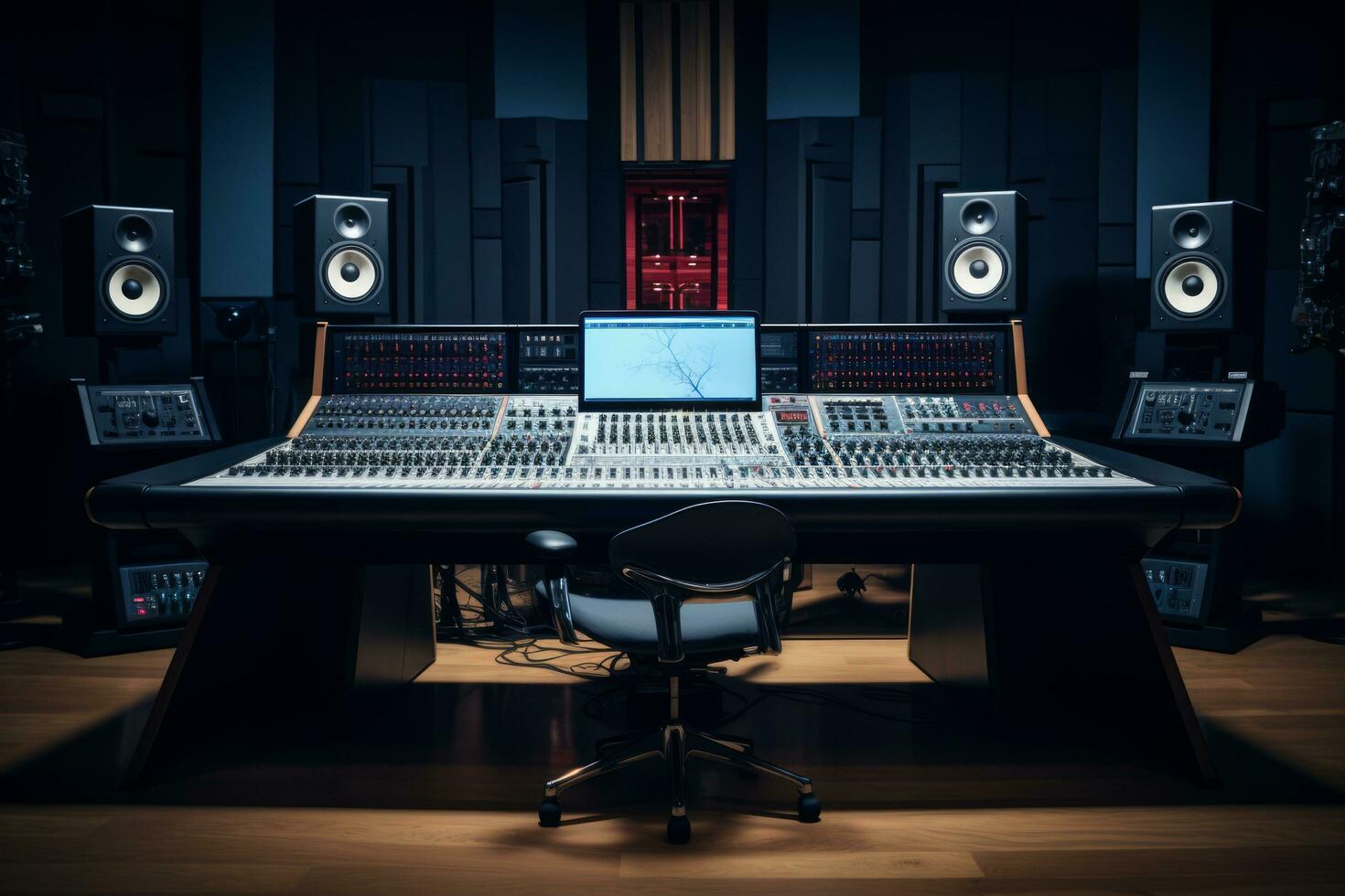 AI generated A professional music studio with a large mixing console, computer monitors, and studio monitors photo