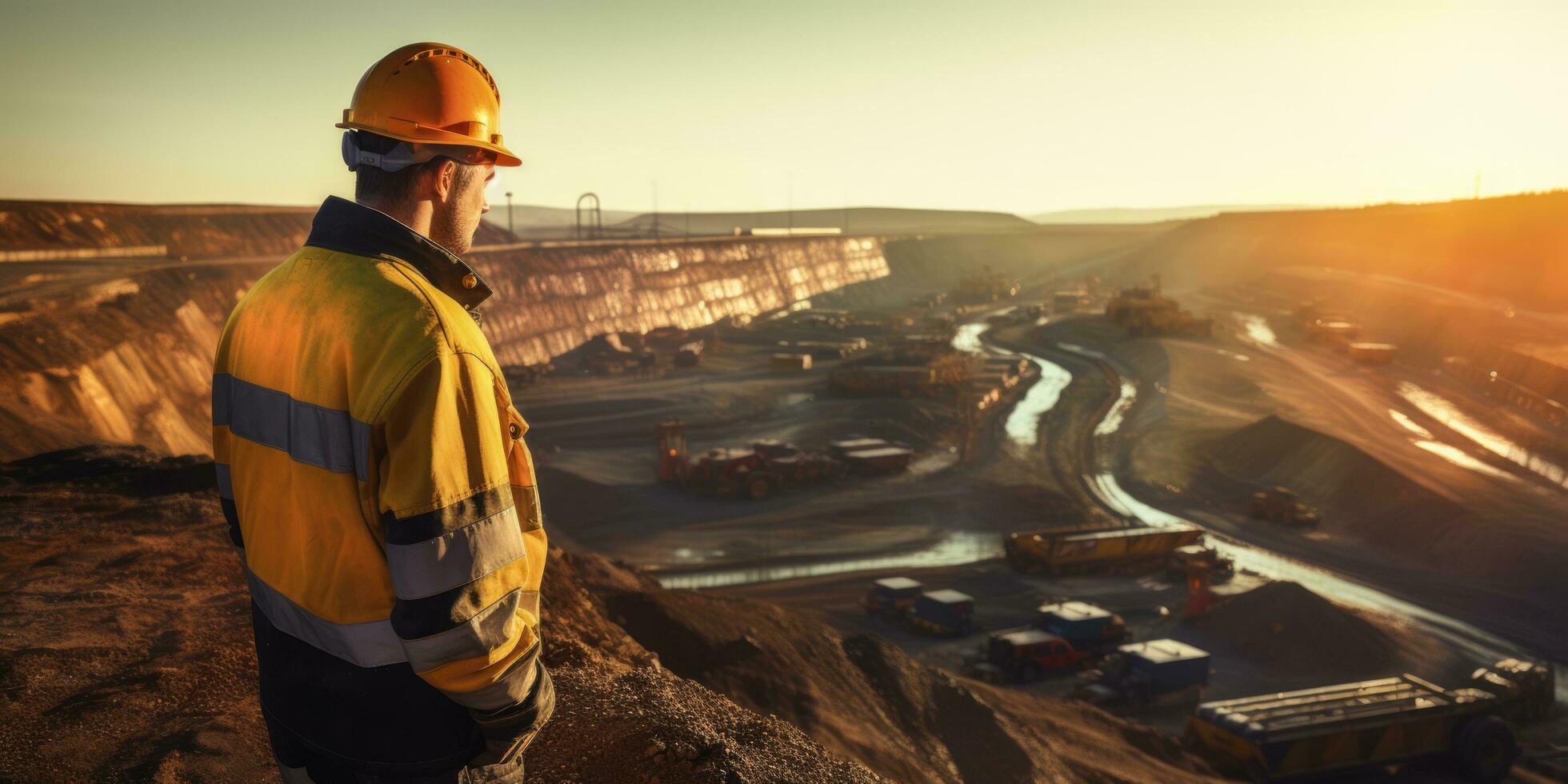 AI generated Rear view of a worker in high visibility gear overlooking a mining operation at dusk photo