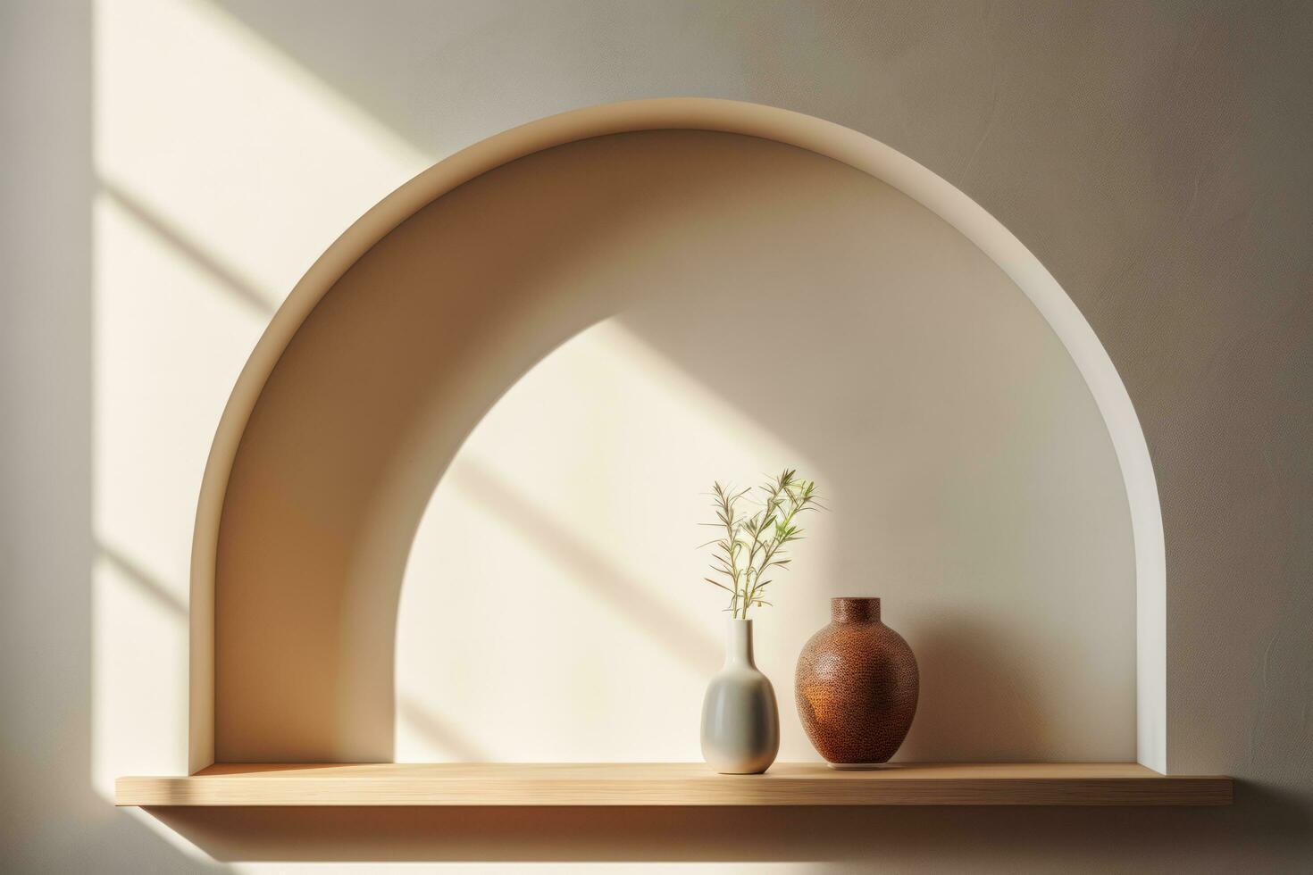 AI generated Minimalistic shelf design in an arch niche with various decorative items photo